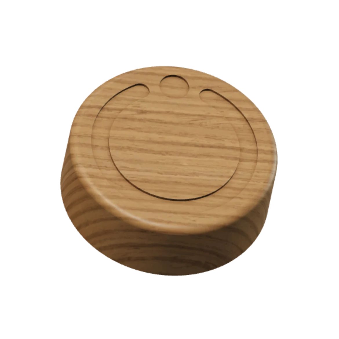FocusLatch-Key als runder Holzpuck mit vertieftem Logo